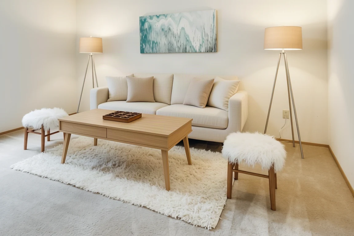 The same living room with pale wood and Scandinavian inspired furnishings